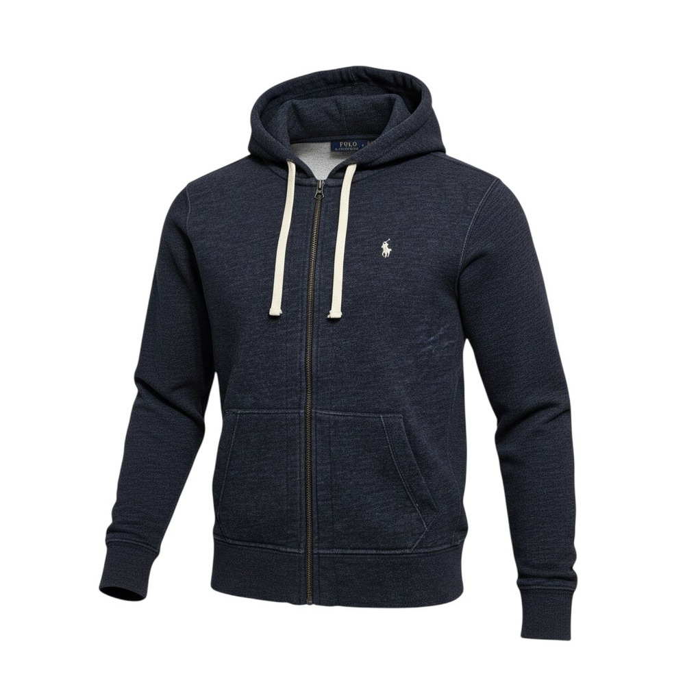 Polo Ralph Lauren Full Zip Hoodie Large Navy Blue Mens Heathered Fleece Exc